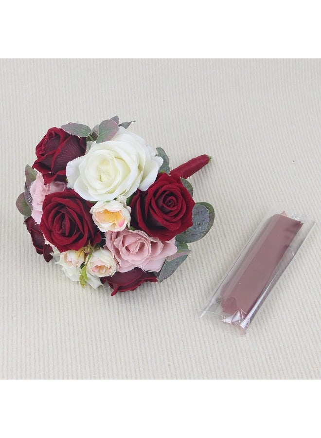 Rinlong Wedding Bouquet for Bride Bridal Bridesmaid Vintage Artificial Flowers Burgundy Silk Rose Baby's Breath Bouquet Home Wedding Decoration - Image 4