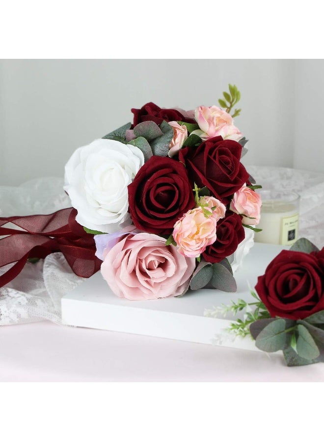 Rinlong Wedding Bouquet for Bride Bridal Bridesmaid Vintage Artificial Flowers Burgundy Silk Rose Baby's Breath Bouquet Home Wedding Decoration - Image 3