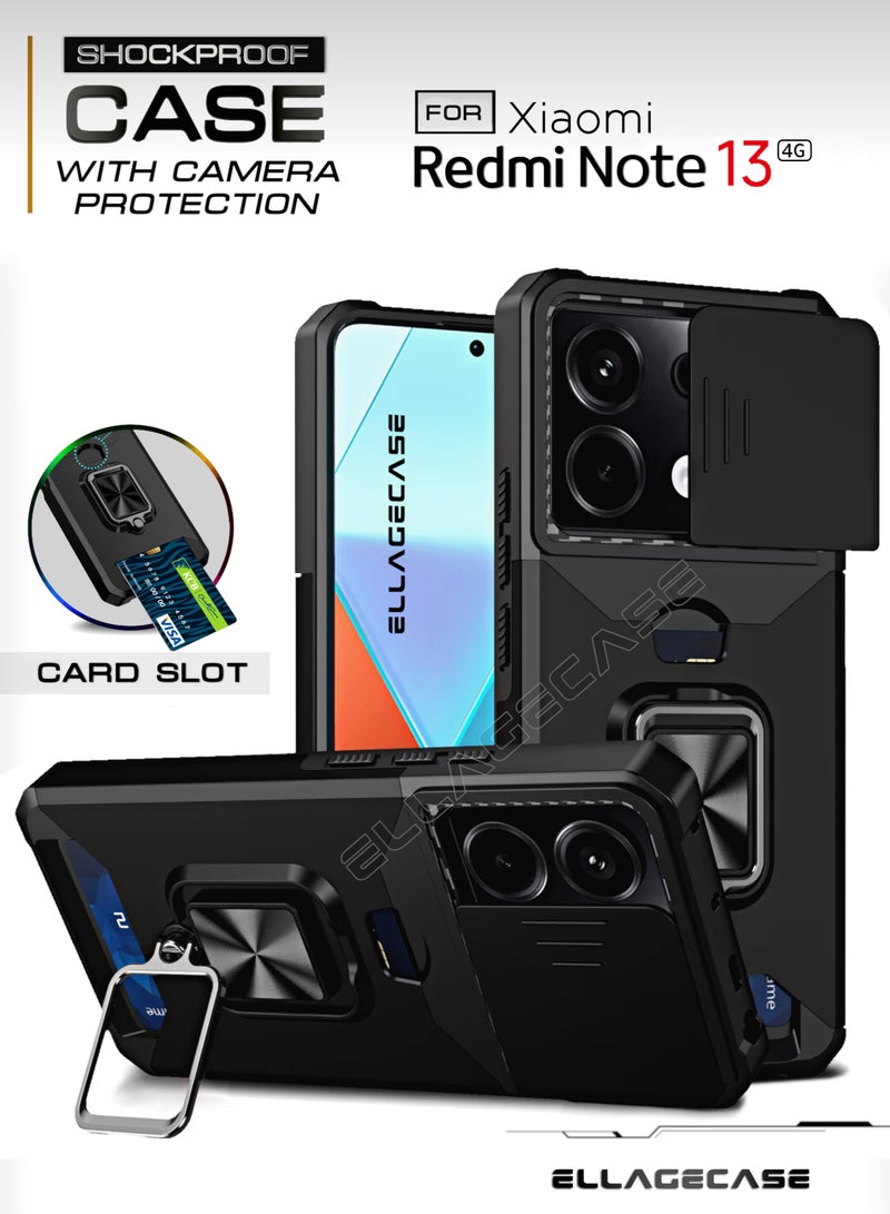 ELLAGECASE حافظة مقاومة للصدمات مع فتحة بطاقة، قاعدة وحماية كاميرا قوية لهاتف Xiaomi Redmi Note 13 4G – تشمل لوحة معدنية مخفية - Image 1
