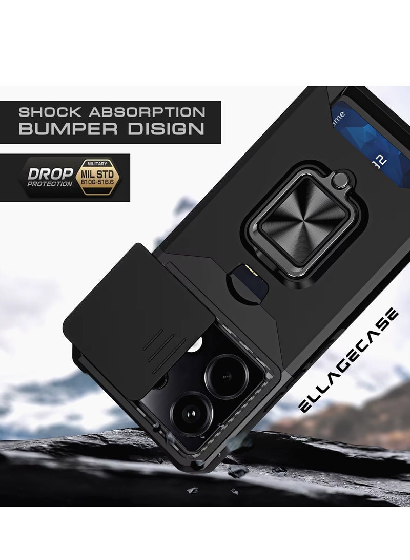 ELLAGECASE حافظة مقاومة للصدمات مع فتحة بطاقة، قاعدة وحماية كاميرا قوية لهاتف Xiaomi Redmi Note 13 4G – تشمل لوحة معدنية مخفية - Image 5