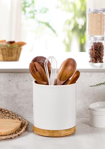 Nucookery 360° Rotating Utensil Holder, 7.2" Large Utensil Crock, White Ceramic Cooking Utensil Organizer with Countertop-Protection Cork Bottom for Farmhouse Kitchen Decor Christmas Gift (White) - Image 3