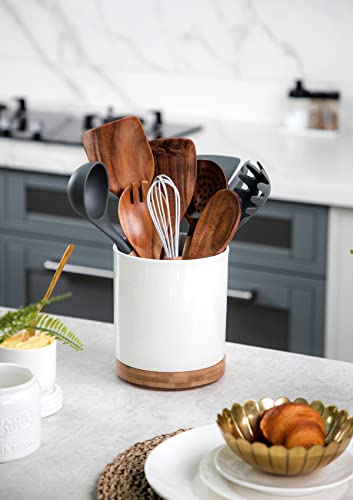 Nucookery 360° Rotating Utensil Holder, 7.2" Large Utensil Crock, White Ceramic Cooking Utensil Organizer with Countertop-Protection Cork Bottom for Farmhouse Kitchen Decor Christmas Gift (White) - Image 2
