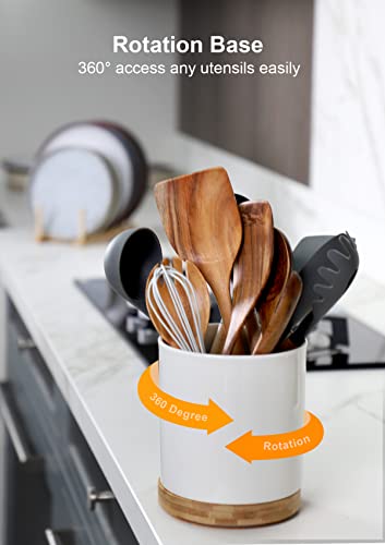 Nucookery 360° Rotating Utensil Holder, 7.2" Large Utensil Crock, White Ceramic Cooking Utensil Organizer with Countertop-Protection Cork Bottom for Farmhouse Kitchen Decor Christmas Gift (White) - Image 5