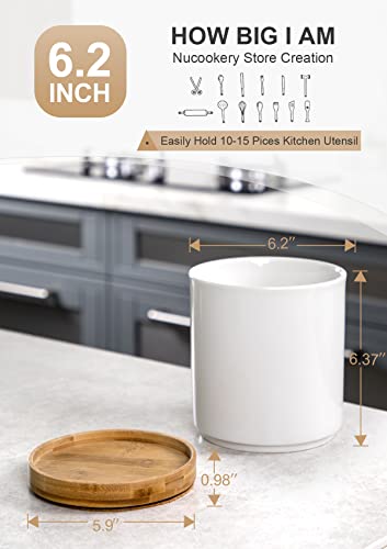 Nucookery 360° Rotating Utensil Holder, 7.2" Large Utensil Crock, White Ceramic Cooking Utensil Organizer with Countertop-Protection Cork Bottom for Farmhouse Kitchen Decor Christmas Gift (White) - Image 4