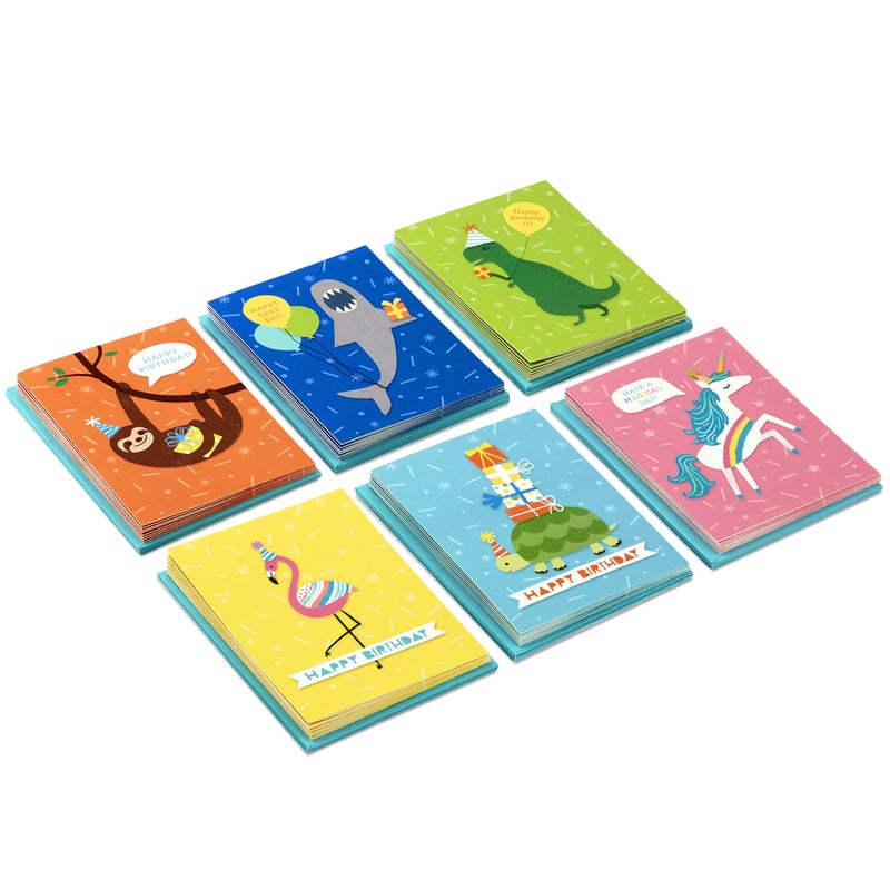 Hallmark Birthday Cards for Kids Assortment, 48 Cards with Envelopes (Dinosaurs, Sloths, Unicorns, Flamingos, Turtles, Sharks) - Image 3