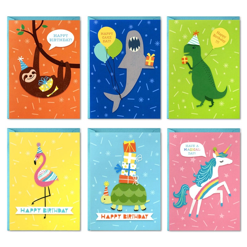 Hallmark Birthday Cards for Kids Assortment, 48 Cards with Envelopes (Dinosaurs, Sloths, Unicorns, Flamingos, Turtles, Sharks) - Image 1