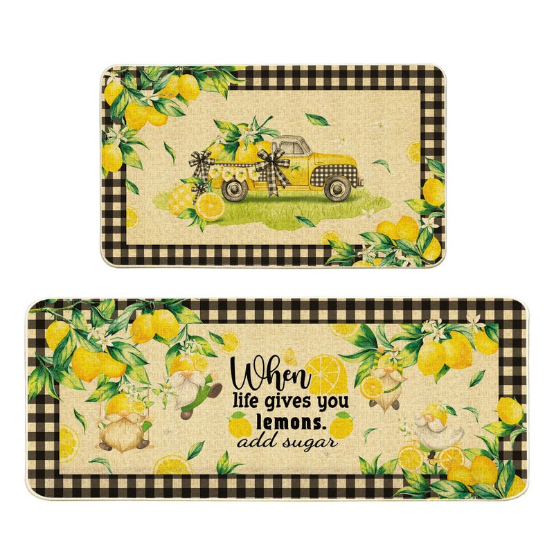 Cusugbaso Lemon Kitchen Mats Set of 2, Farmhouse Truck Mat for Floor, Plaid Spring and Summer Decorations 17"x27+17"x47" - Image 1