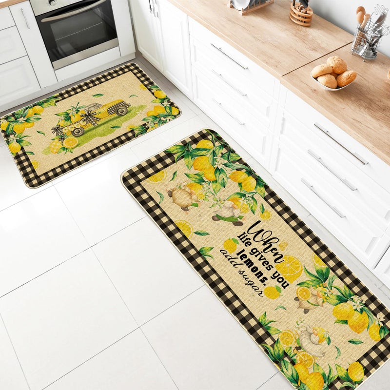 Cusugbaso Lemon Kitchen Mats Set of 2, Farmhouse Truck Mat for Floor, Plaid Spring and Summer Decorations 17"x27+17"x47" - Image 2