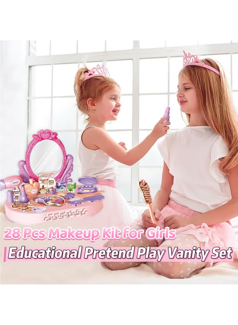 Generic Educational Pretend Play Vanity Set for Girls, 28 Pcs Makeup Kit for Girls, Dressing Table,Toddler Makeup Dresser Table with Mirror, Hair Dryer & Beauty Accessories, Princess Toy Gift for Girls Ages 3+(desk vesion) - Image 1