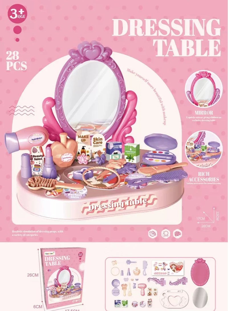 Generic Educational Pretend Play Vanity Set for Girls, 28 Pcs Makeup Kit for Girls, Dressing Table,Toddler Makeup Dresser Table with Mirror, Hair Dryer & Beauty Accessories, Princess Toy Gift for Girls Ages 3+(desk vesion) - Image 2