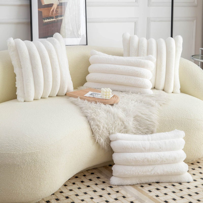 Neelvin Cream White Faux Fur Cozy Soft Striped Decorative Throw Pillow Covers 20x20 inch Set of 2 Velvet Pillowcase Cushion Case for Sofa Couch - Image 4
