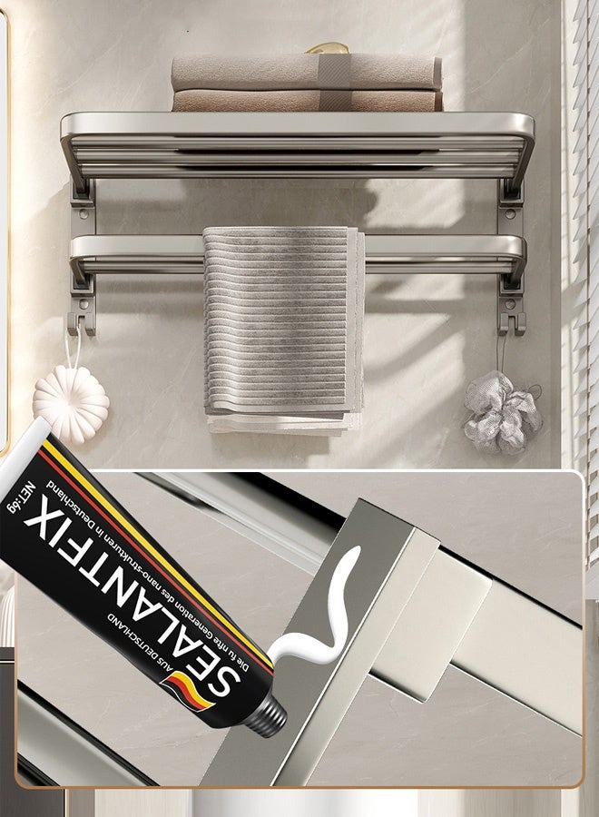 Hanayo 2 Tiers Towel Rack 90° Foldable Towel Shelf Wall Mounted Space Saving No-Drill Aluminum Bathroom Organizer with Hook for Shower & Toilet Storage(Grey) - Image 4