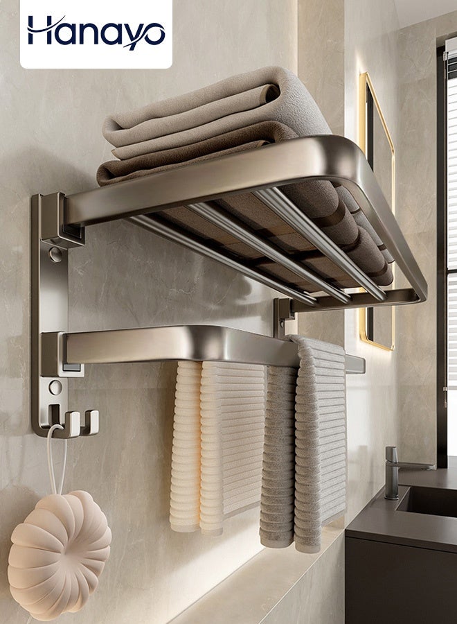 Hanayo 2 Tiers Towel Rack 90° Foldable Towel Shelf Wall Mounted Space Saving No-Drill Aluminum Bathroom Organizer with Hook for Shower & Toilet Storage(Grey) - Image 1