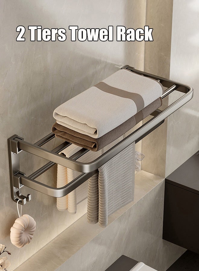 Hanayo 2 Tiers Towel Rack 90° Foldable Towel Shelf Wall Mounted Space Saving No-Drill Aluminum Bathroom Organizer with Hook for Shower & Toilet Storage(Grey) - Image 2