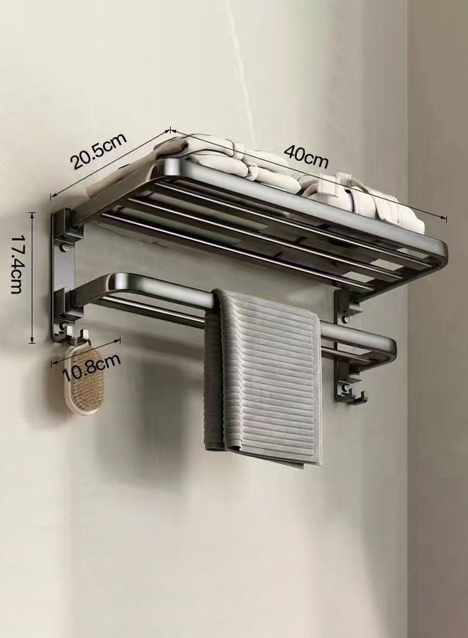 Hanayo 2 Tiers Towel Rack 90° Foldable Towel Shelf Wall Mounted Space Saving No-Drill Aluminum Bathroom Organizer with Hook for Shower & Toilet Storage(Grey) - Image 3
