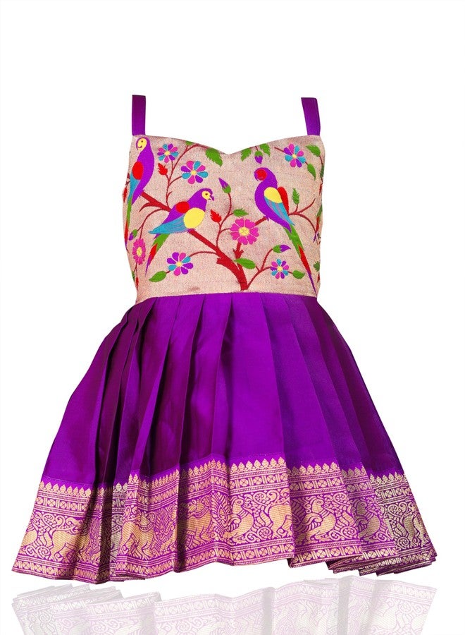COMRATE South Indian Traditional Pattu Pavadai Tapeta Silk Purple Frock Dress for Baby Girls - Image 1