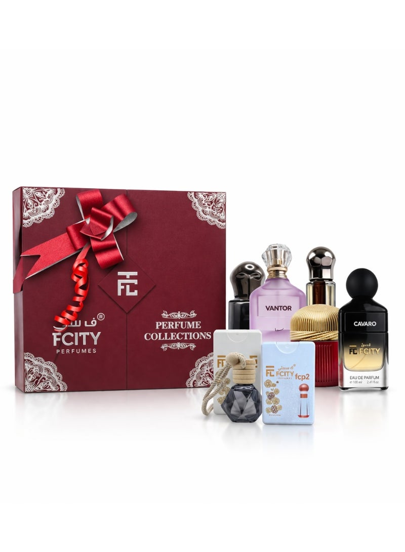مجموعة هدايا عطور FCITY Super 7 - باقة عطور مميزة 7 في 1 للرجال والنساء - تتضمن العطور والزيوت وعطور الجيب ومعطر السيارة والبخور - علبة هدايا فاخرة
