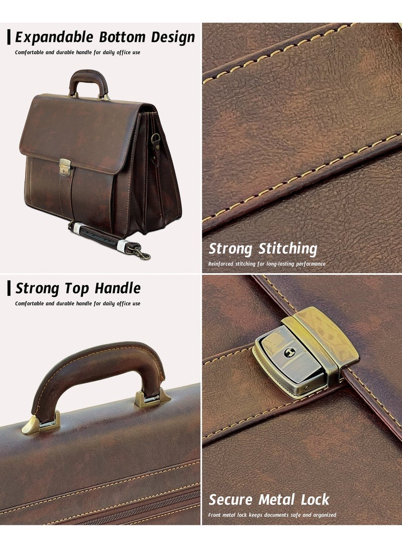 ZAAPPY Expandable Leather Briefcase for Men, Vintage Brown, Hard Case Office Bag with Secure Metal Lock, Multi-Compartment Business Attache, 41 x 30 x 5 cm - Image 4