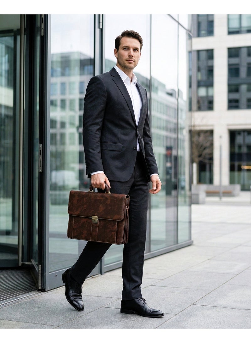 ZAAPPY Expandable Leather Briefcase for Men, Vintage Brown, Hard Case Office Bag with Secure Metal Lock, Multi-Compartment Business Attache, 41 x 30 x 5 cm - Image 2