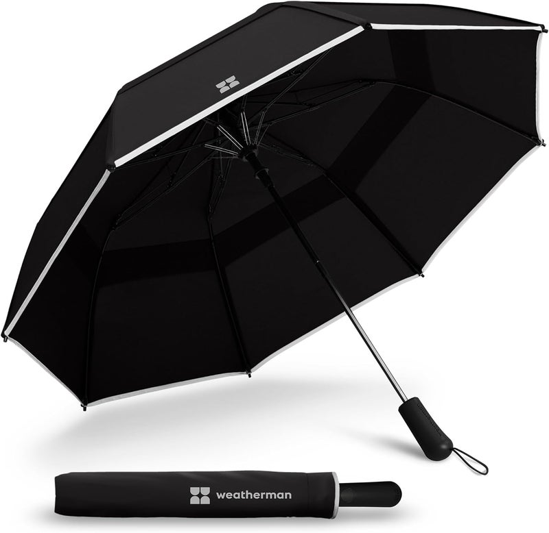 Weatherman Premium Collapsible Travel Umbrella - Windproof, Compact, Easy Auto Open - Resists Up to 55 MPH Winds - Perfect for Rain, Wind, Backpack, Car - Folding Umbrella (Black) - Image 1