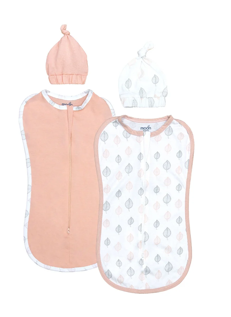 Moon Swaddle Pods With Beanie Pack Of 2 Front Two Way Zippered Orange And Forest Print