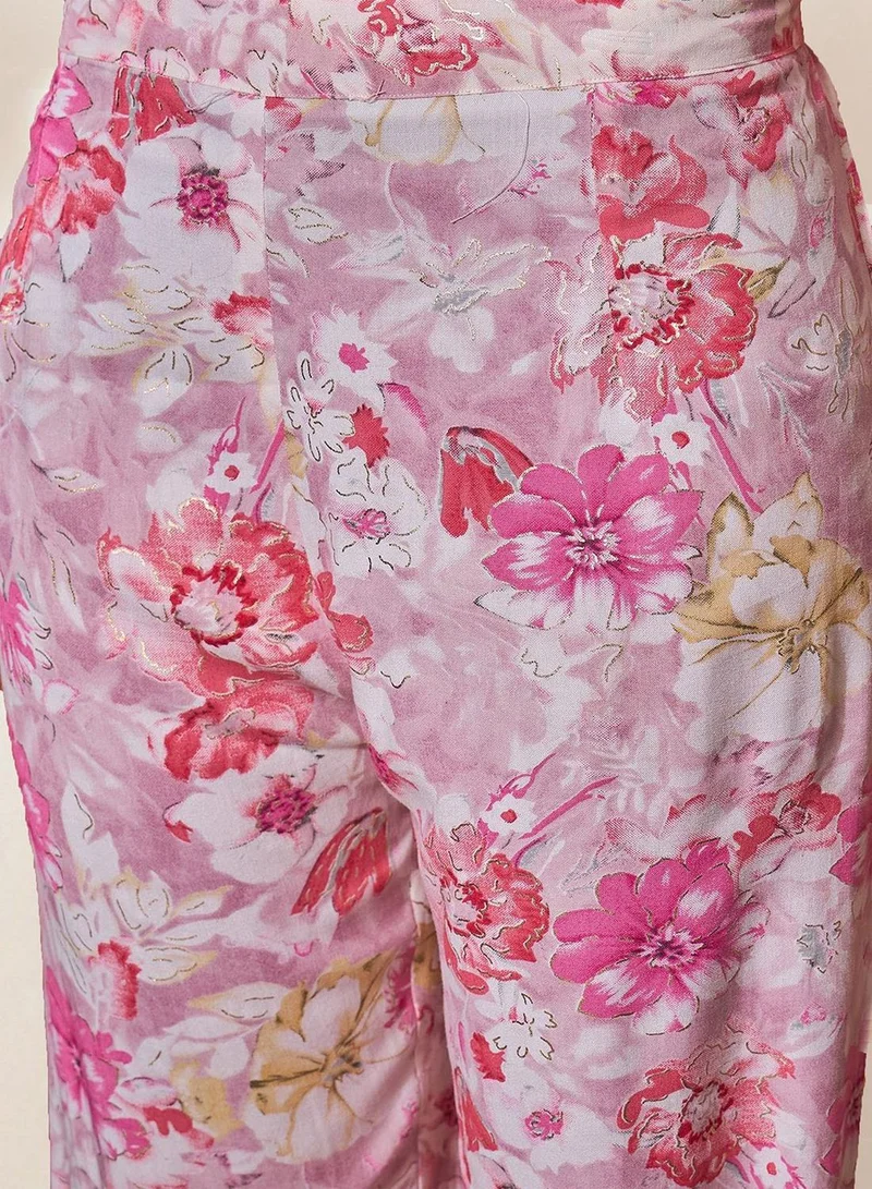 ISHIN  Women's Pink Rayon Printed Tunic Full Length Palazzo Straight Fit Kurta Set for Women | Best Price UAE
