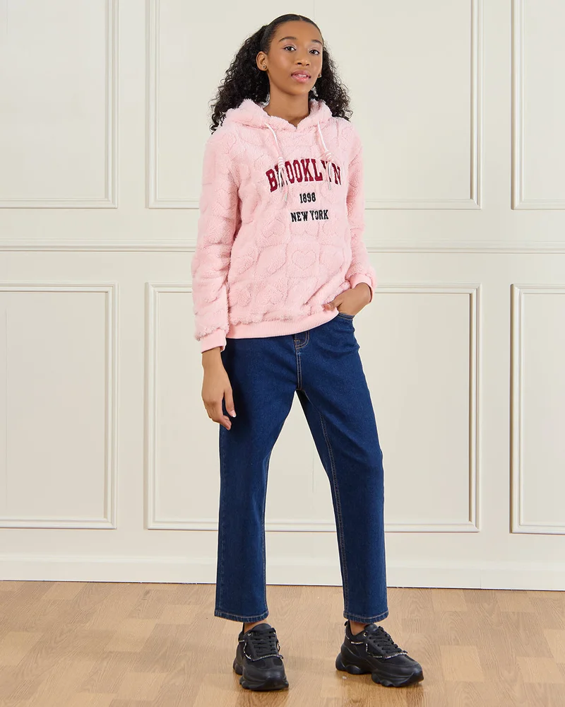 ردتاغ Senior Girls Pink Fur Hooded Sweatshirt