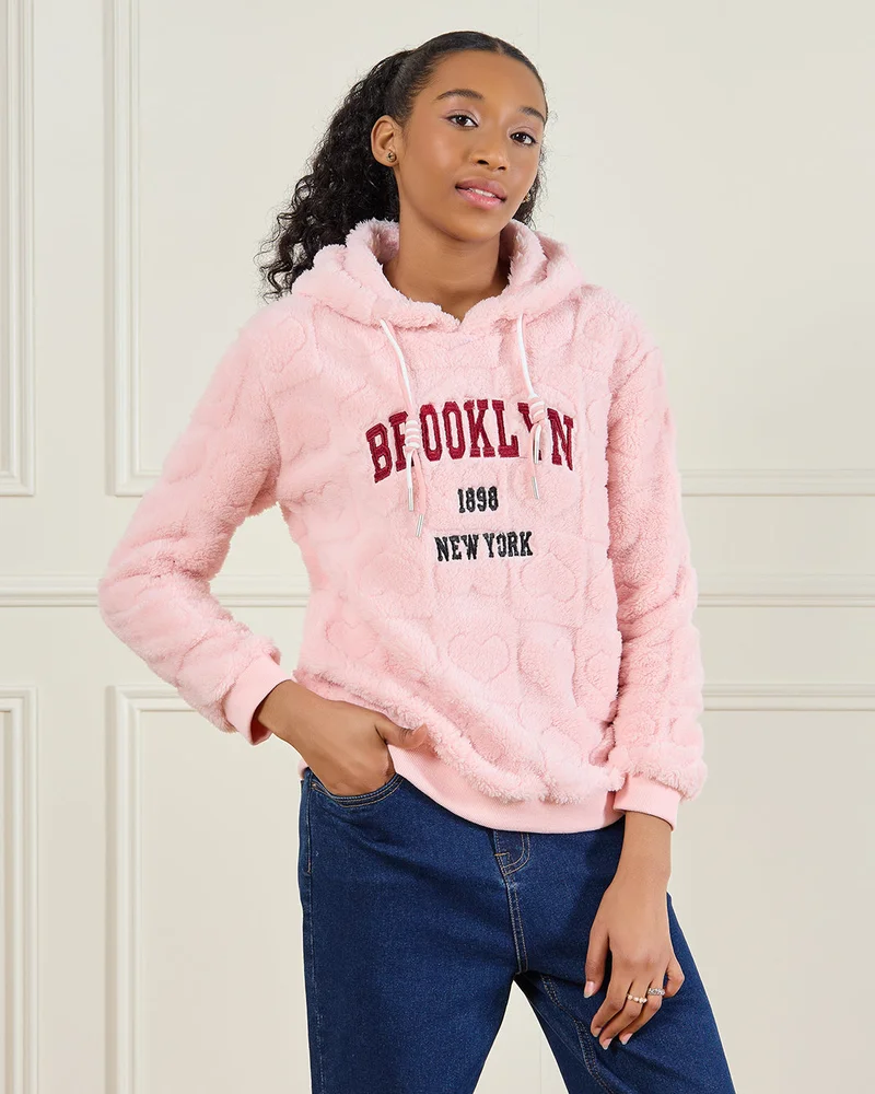 ردتاغ Senior Girls Pink Fur Hooded Sweatshirt