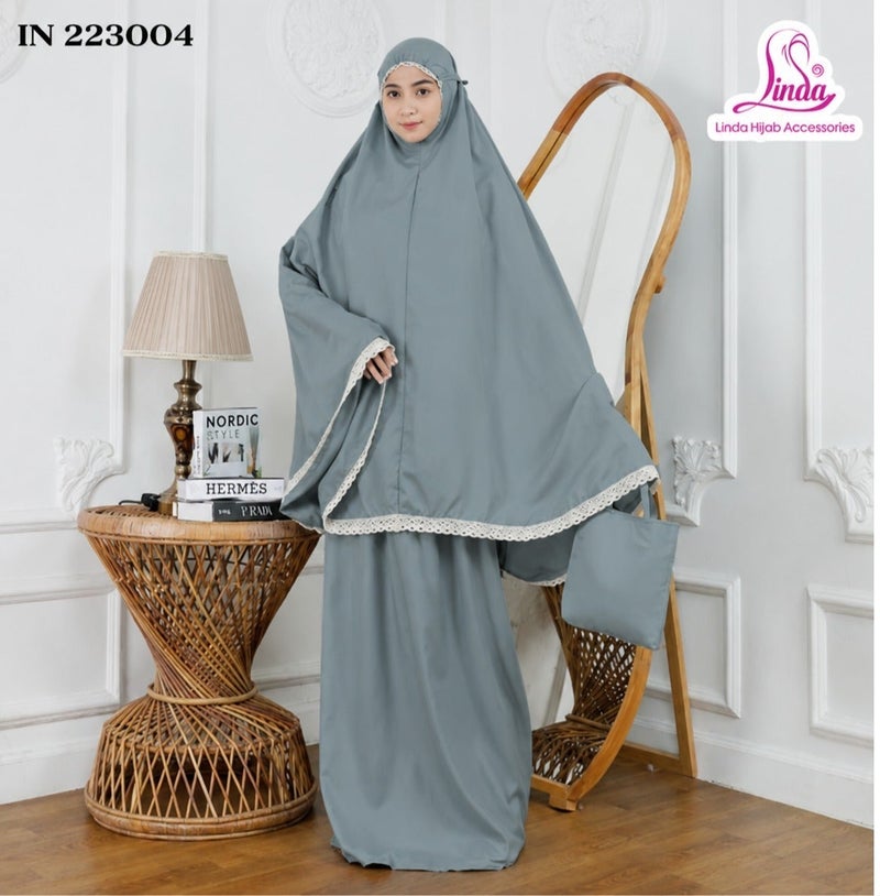 Linda Hijab Premium Dusty Teal Girls Prayer Dress – 2-Piece Islamic Prayer Set with Lace Trim – Soft Breathable Hijab & Long Skirt – Modest Prayer Abaya for Kids & Teens with Matching Bag - Image 1