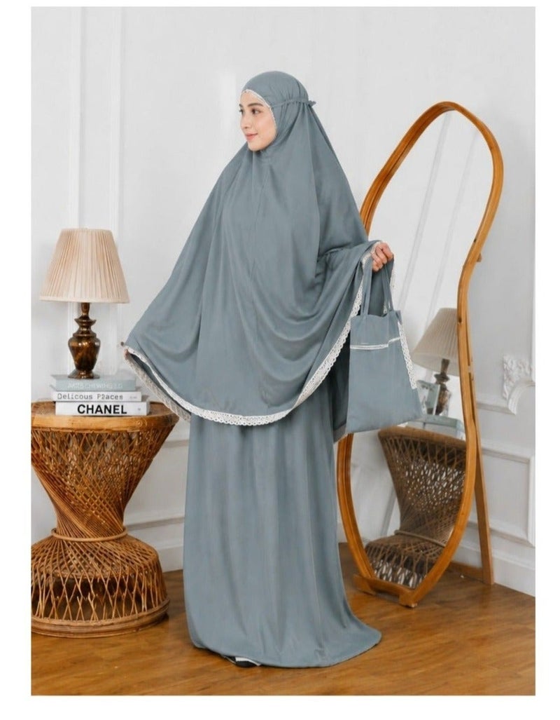 Linda Hijab Premium Dusty Teal Girls Prayer Dress – 2-Piece Islamic Prayer Set with Lace Trim – Soft Breathable Hijab & Long Skirt – Modest Prayer Abaya for Kids & Teens with Matching Bag - Image 2