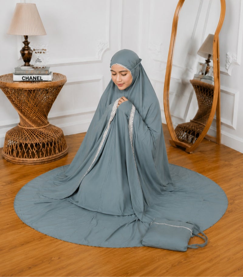Linda Hijab Premium Dusty Teal Girls Prayer Dress – 2-Piece Islamic Prayer Set with Lace Trim – Soft Breathable Hijab & Long Skirt – Modest Prayer Abaya for Kids & Teens with Matching Bag - Image 5