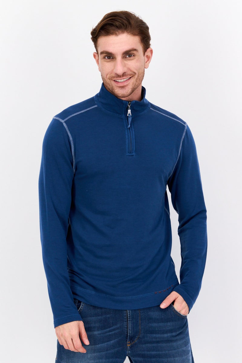 TRUE GRIT Men Mock Neck Plain Long Sleeves Sweatshirt, Teal Blue  - Image 1