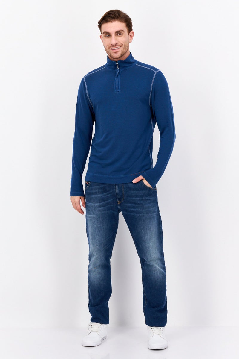 TRUE GRIT Men Mock Neck Plain Long Sleeves Sweatshirt, Teal Blue  - Image 4