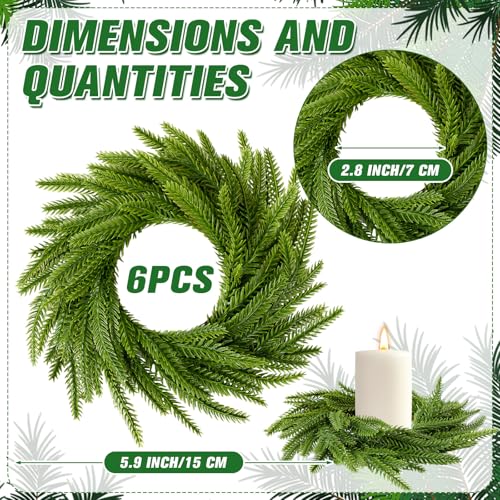 Dingion 6 Pcs Christmas Norfolk Pine Candle Ring Wreaths 6 Inch Small Christmas Wreath Garland Artificial Green Pine Ornaments Xmas Table Centerpiece for Wedding Farmhouse Home Cabinets Window Decor - Image 3