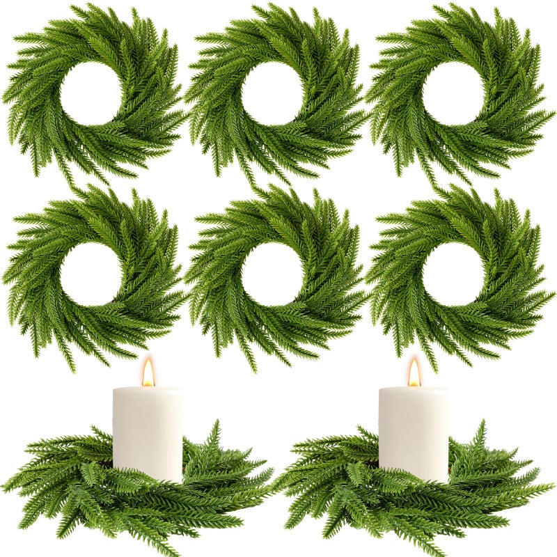 Dingion 6 Pcs Christmas Norfolk Pine Candle Ring Wreaths 6 Inch Small Christmas Wreath Garland Artificial Green Pine Ornaments Xmas Table Centerpiece for Wedding Farmhouse Home Cabinets Window Decor - Image 2