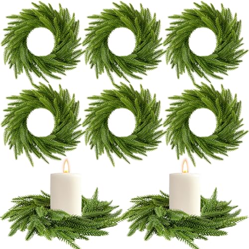 Dingion 6 Pcs Christmas Norfolk Pine Candle Ring Wreaths 6 Inch Small Christmas Wreath Garland Artificial Green Pine Ornaments Xmas Table Centerpiece for Wedding Farmhouse Home Cabinets Window Decor - Image 1