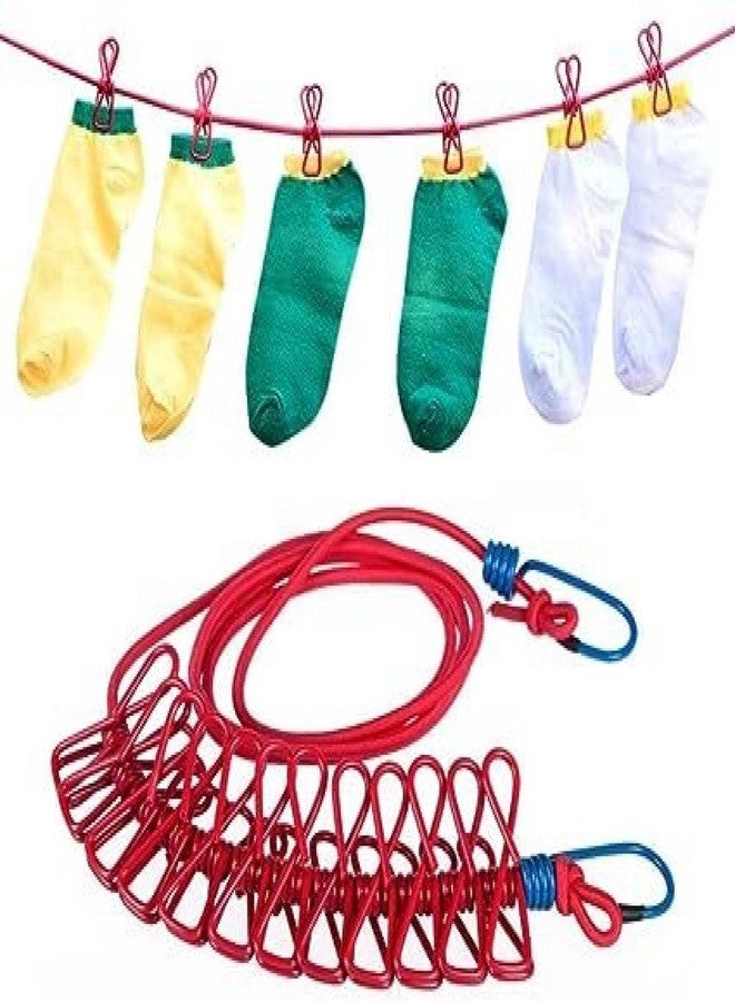 Dcozi Cloth Drying Rope with Hooks Elastic Cloth Hanging Rope for Cloth Drying with 12 Clips Cloth Rope for Drying Clothes for Travel Home Outdoor Kapde Sukhane ki Rassi Wire -Multicolor (Pack of 1) - Image 1