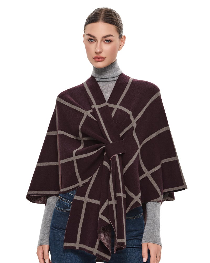 PULI Women's Shawl Wraps Poncho Ruana Cape Open Front Cardigan Sweater Evening Dress for Fall Winter Burgundy - Image 1