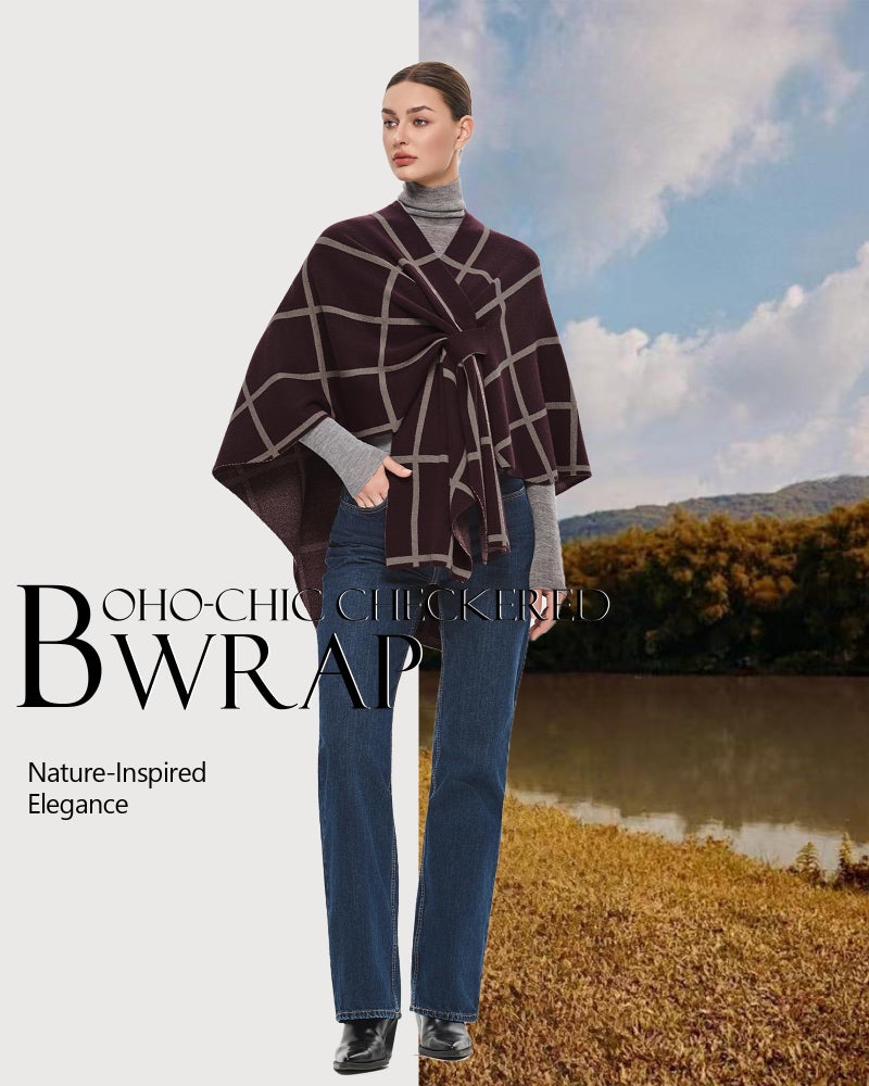 PULI Women's Shawl Wraps Poncho Ruana Cape Open Front Cardigan Sweater Evening Dress for Fall Winter Burgundy - Image 2