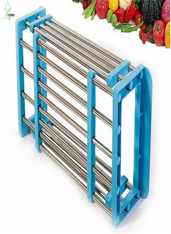 JERN Stainless Steel Draining Racks Wash Vegetable Basket Telescopic Holders Sink (Blue) - Image 1