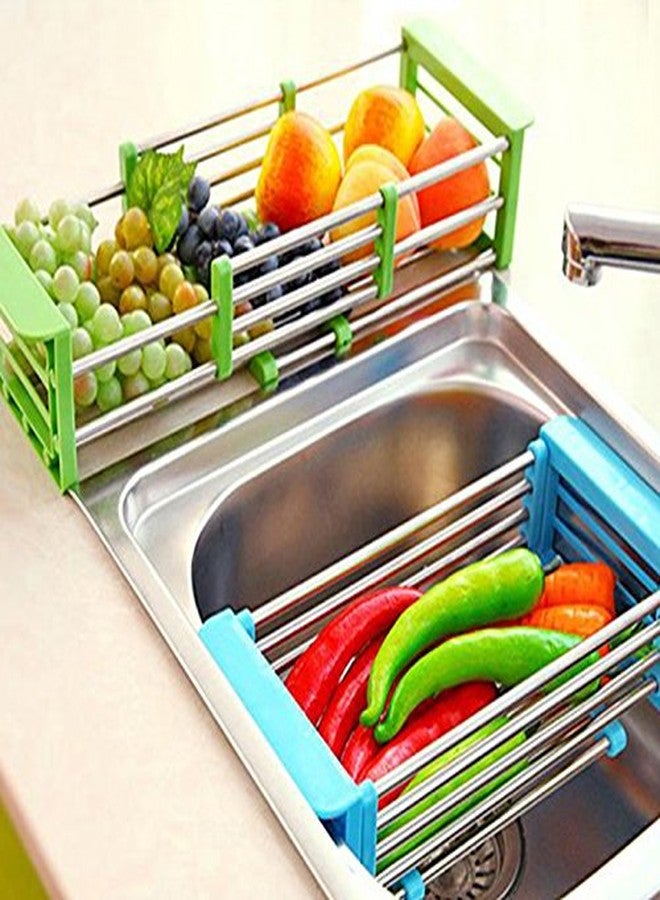 JERN Stainless Steel Draining Racks Wash Vegetable Basket Telescopic Holders Sink (Blue) - Image 2