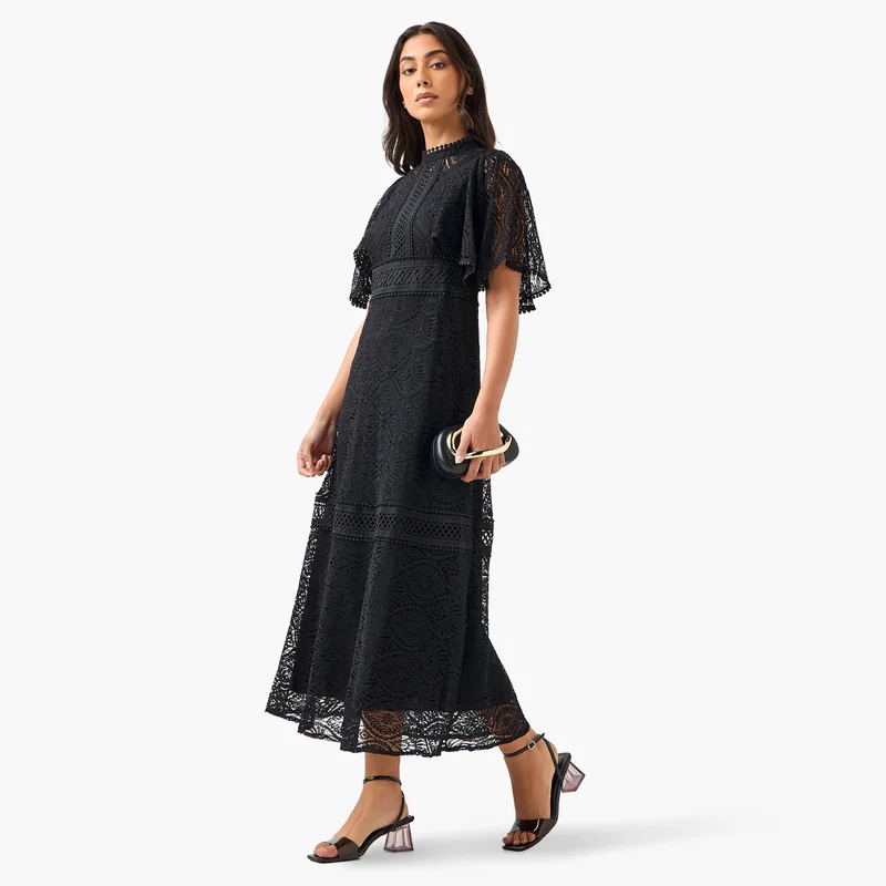 2Xtremz Lace Accent 2Xtremz A-line Midi Polyester Dress with Flutter Sleeves