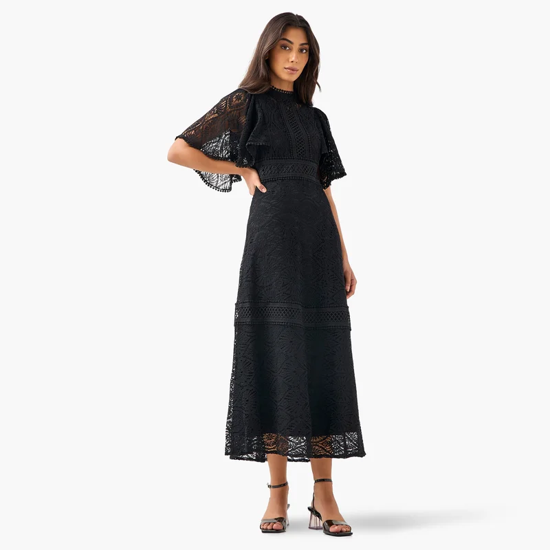 2Xtremz Lace Accent 2Xtremz A-line Midi Polyester Dress with Flutter Sleeves