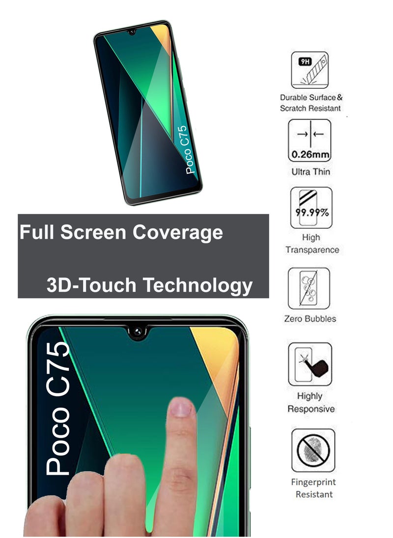 Xiaomi Poco C75 - Tempered Glass Screen Protector – High Transparency, Delicate Touch, Anti-Explosion, Smooth Arc Edges, Easy Installation, 9H Hardness HD Tempered Glass Screen Protector 99% Transparency with device's original screen clarity and brightness-Clear