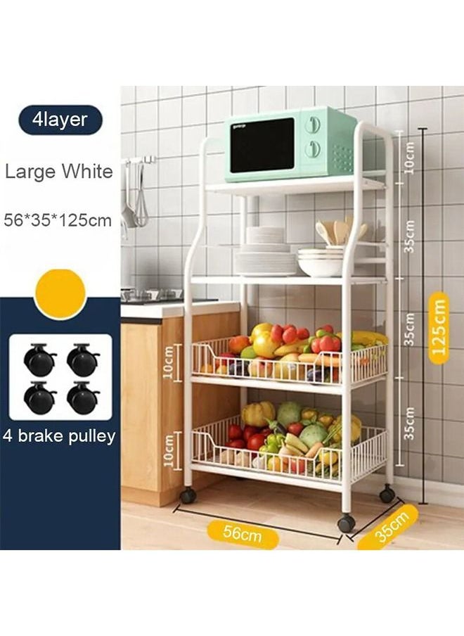 RACK STORE - White Colour Microwave Oven Rack 4 Tier Movable Trolley With Wheels Storage Basket For Vegetables And Fruits Organizer Rack - Image 1