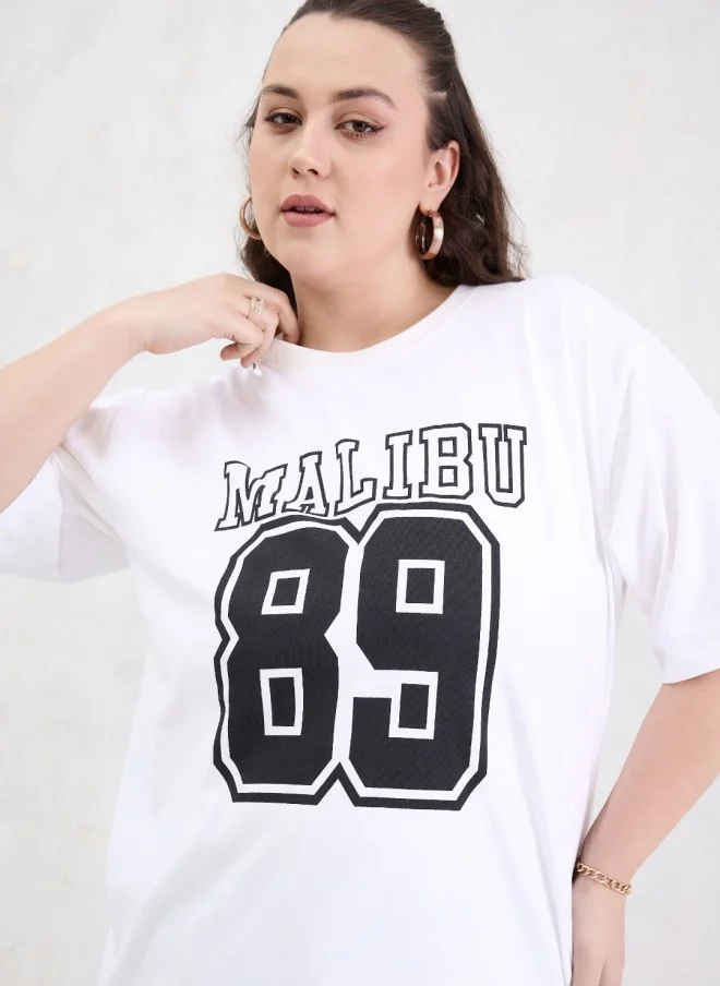 SASSAFRAS White Typography Printed Oversized T-Shirt for Women