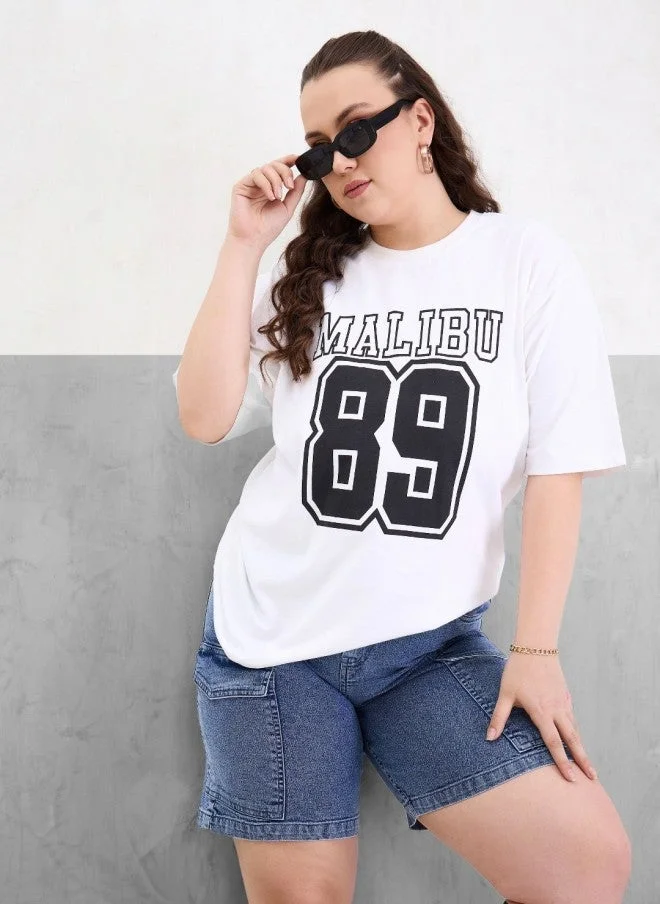 SASSAFRAS White Typography Printed Oversized T-Shirt for Women