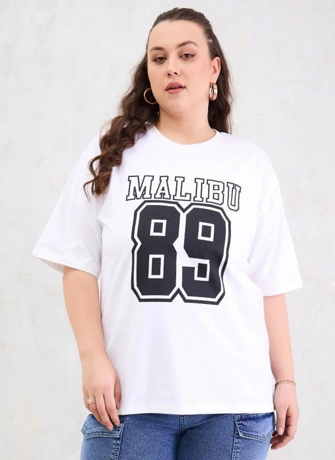 SASSAFRAS White Typography Printed Oversized T-Shirt for Women