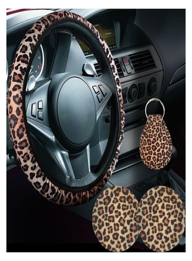 SMILFUY 4pc Car Accessories Set, Leopard Cheetah Print Steering Wheel Cover (14-15 inches), 2pcs Car Cup Holder, Quarter Keyring, Universal - Image 1