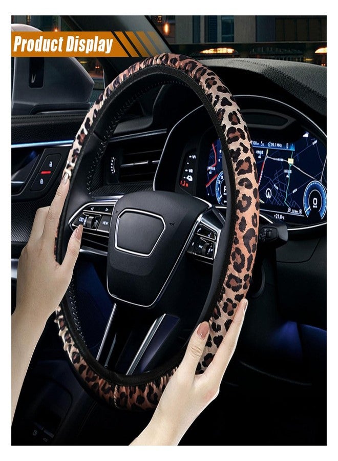 SMILFUY 4pc Car Accessories Set, Leopard Cheetah Print Steering Wheel Cover (14-15 inches), 2pcs Car Cup Holder, Quarter Keyring, Universal - Image 5